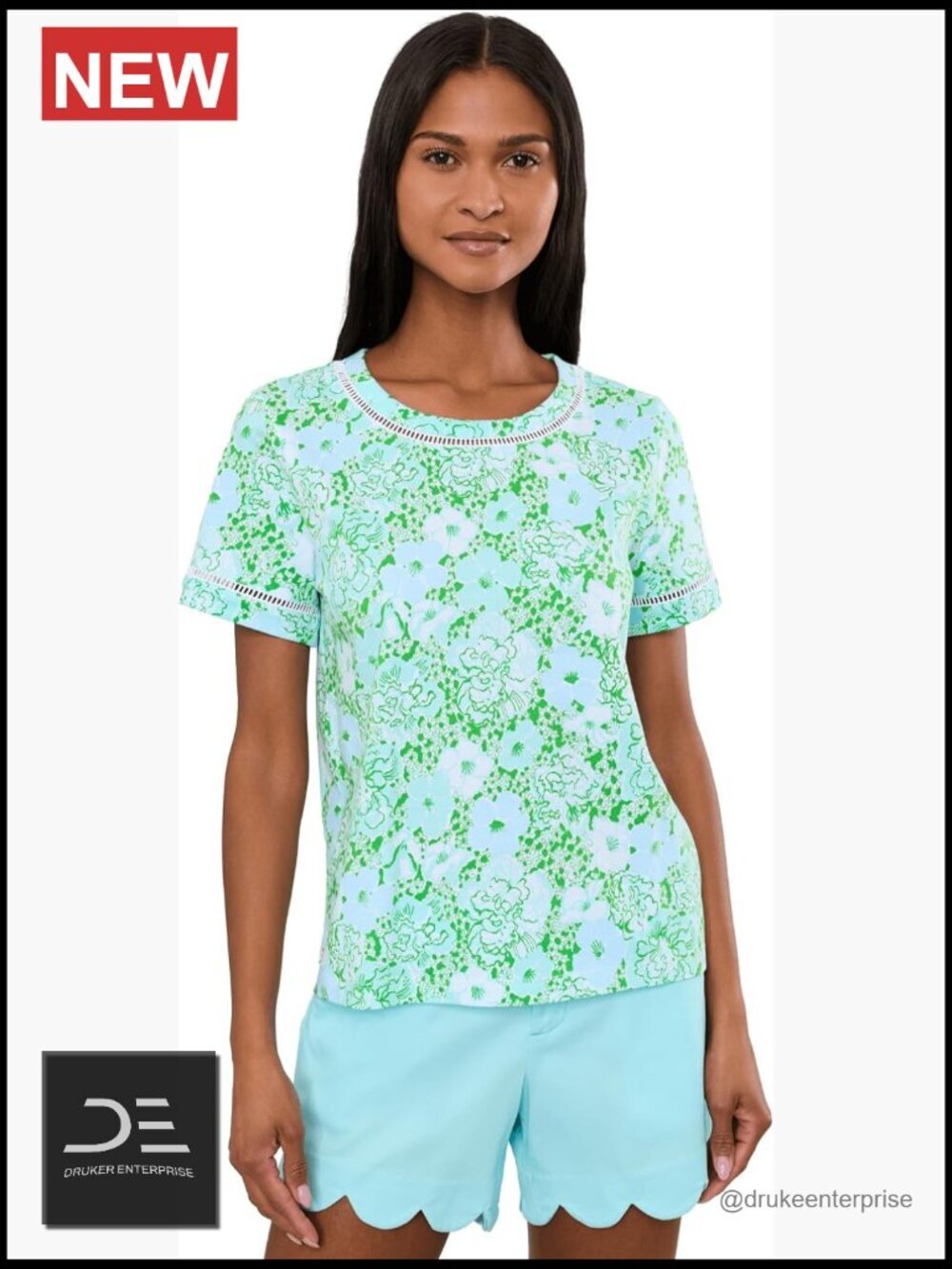 Straight Fit Crew Neck Short Sleeve Cotton Lace Top